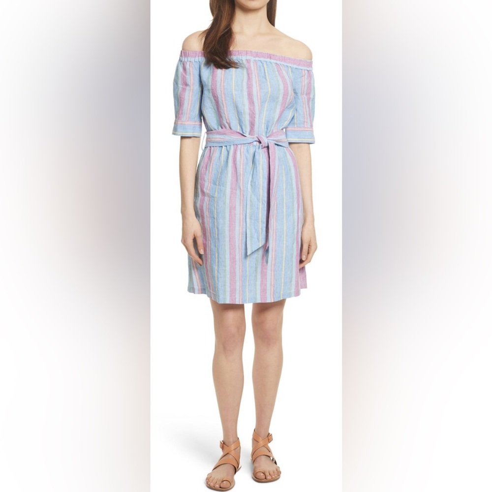 FRAME Women’s Off-Shoulder Striped Belted Linen Pastel Dress Size XS - Picture 5 of 11